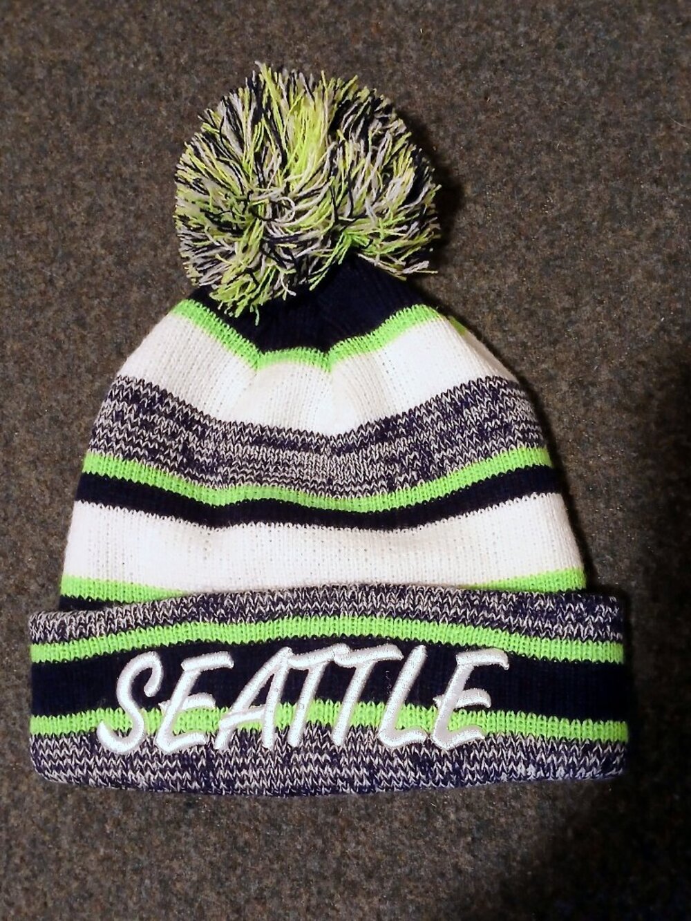 Seattle Striped Embroidered Knit Pom Pom Beanie Hat One Size Streetwear Winter